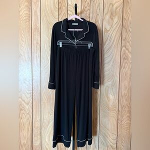 Black Button-Front Pajama Set with Contrast Piping